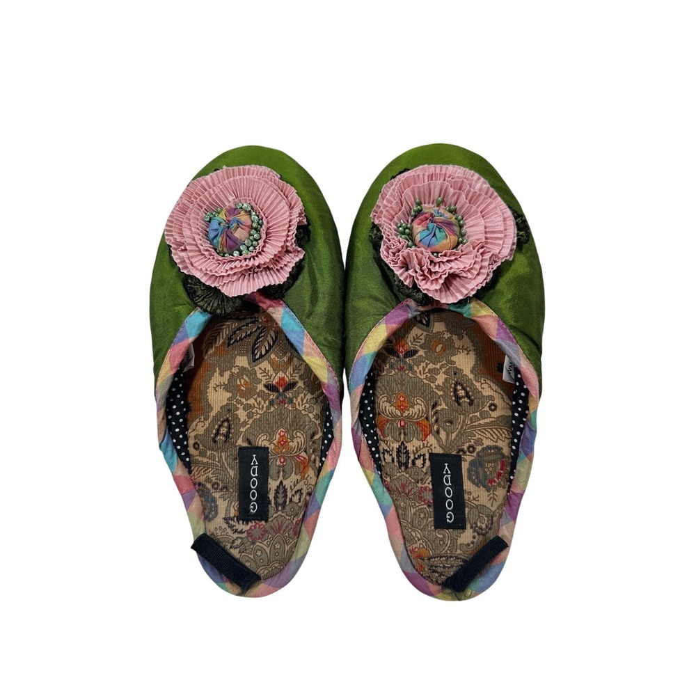 GOODY Womens Slippers House Shoes‎ Green Floral Bloom Comfort Size WM
